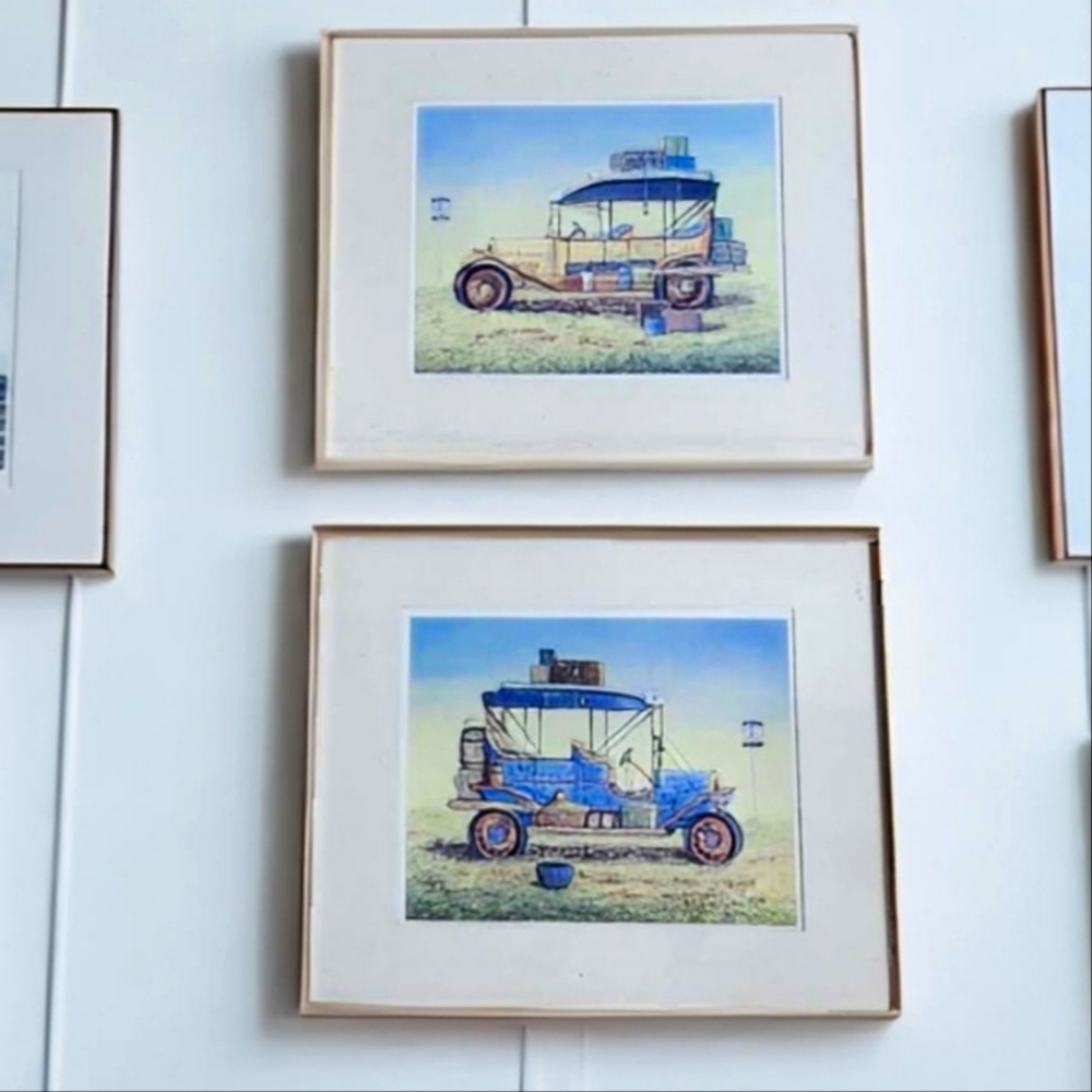 Pair of vintage car route 66 nostalgia art prints by Annette Adkins signed